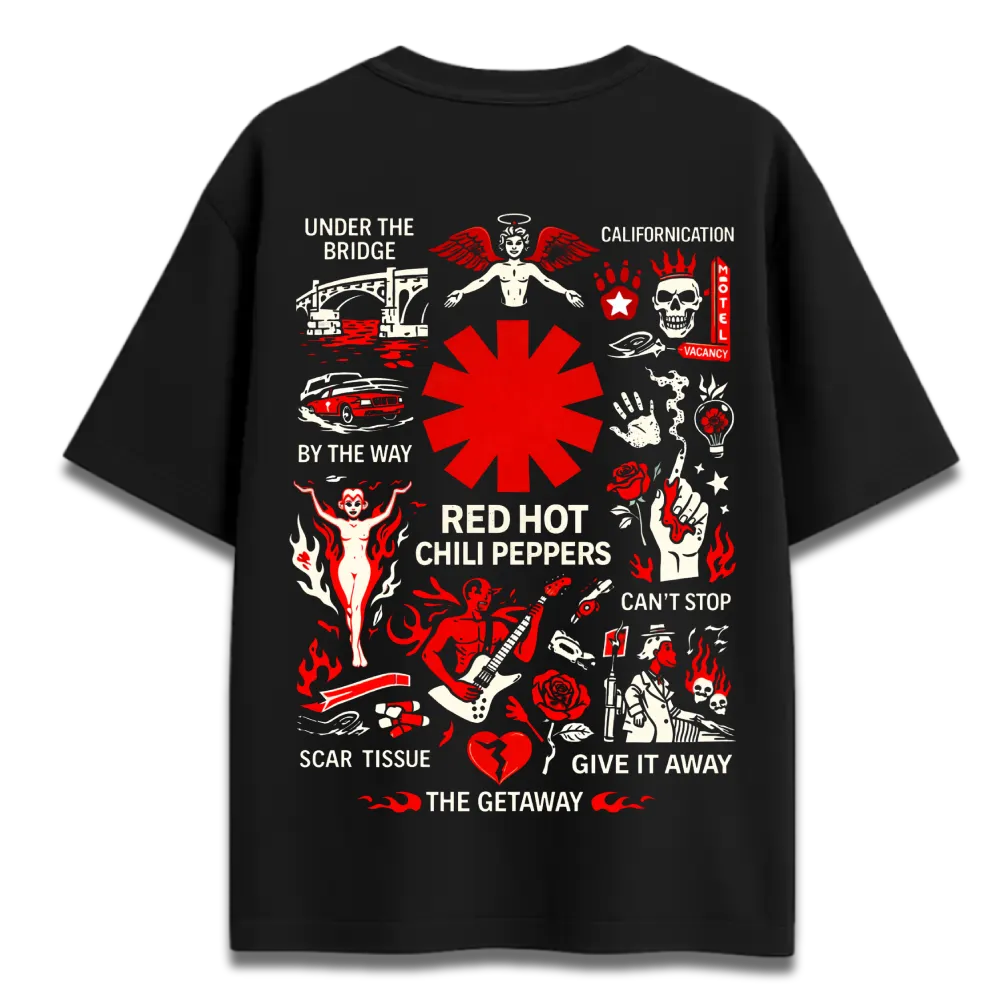 Oversized Graphic T-Shirt | Red Hot Chilli Peppers RHCP Rock Band Design | Premium 260 GSM Cotton Streetwear India